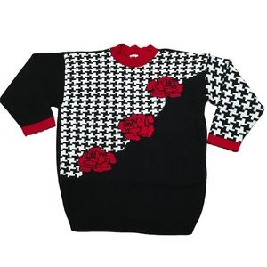 Vintage Sweater Women’s One Size Oversized Slouchy Crewneck Houndstooth Rose 80s